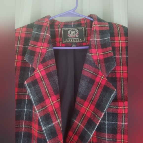 Women's Express Red & Black Wool Plaid Blazer Jacket Size Large Academia Preppy - Picture 3 of 4